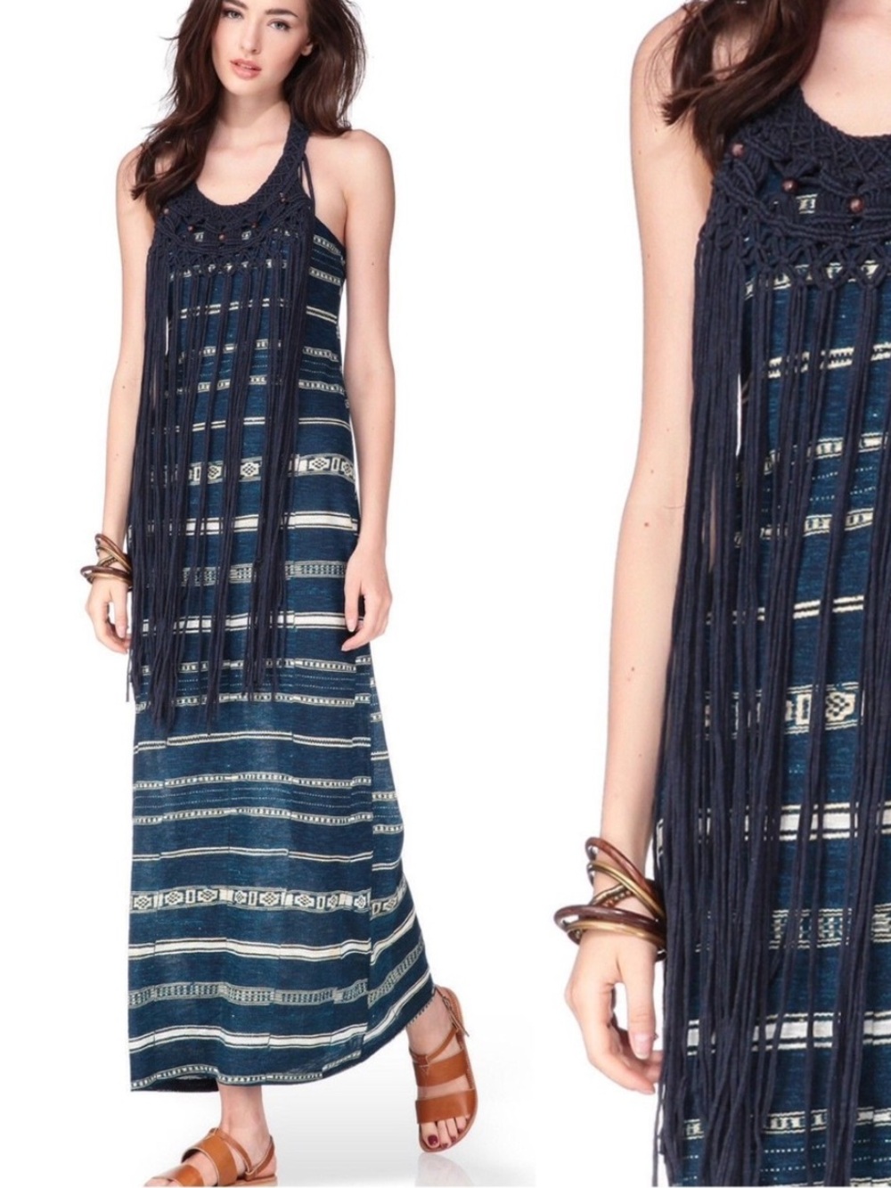 Ralph Lauren Navy and Cream Striped Crochet Fringe Maxi Dress